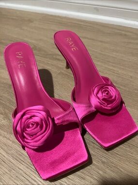 RAYE Hot Pink Satin Rose Square-Toe Heeled Mules